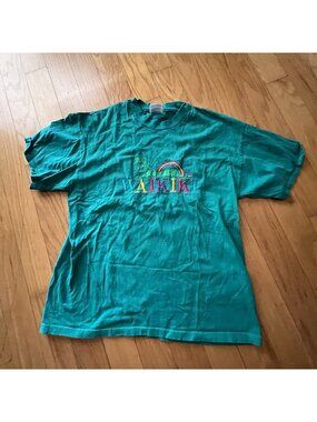 Vintage Large 90s Waikiki Hawaii Shirt Oneita USA Surf Embroidered Palm Rainbow
